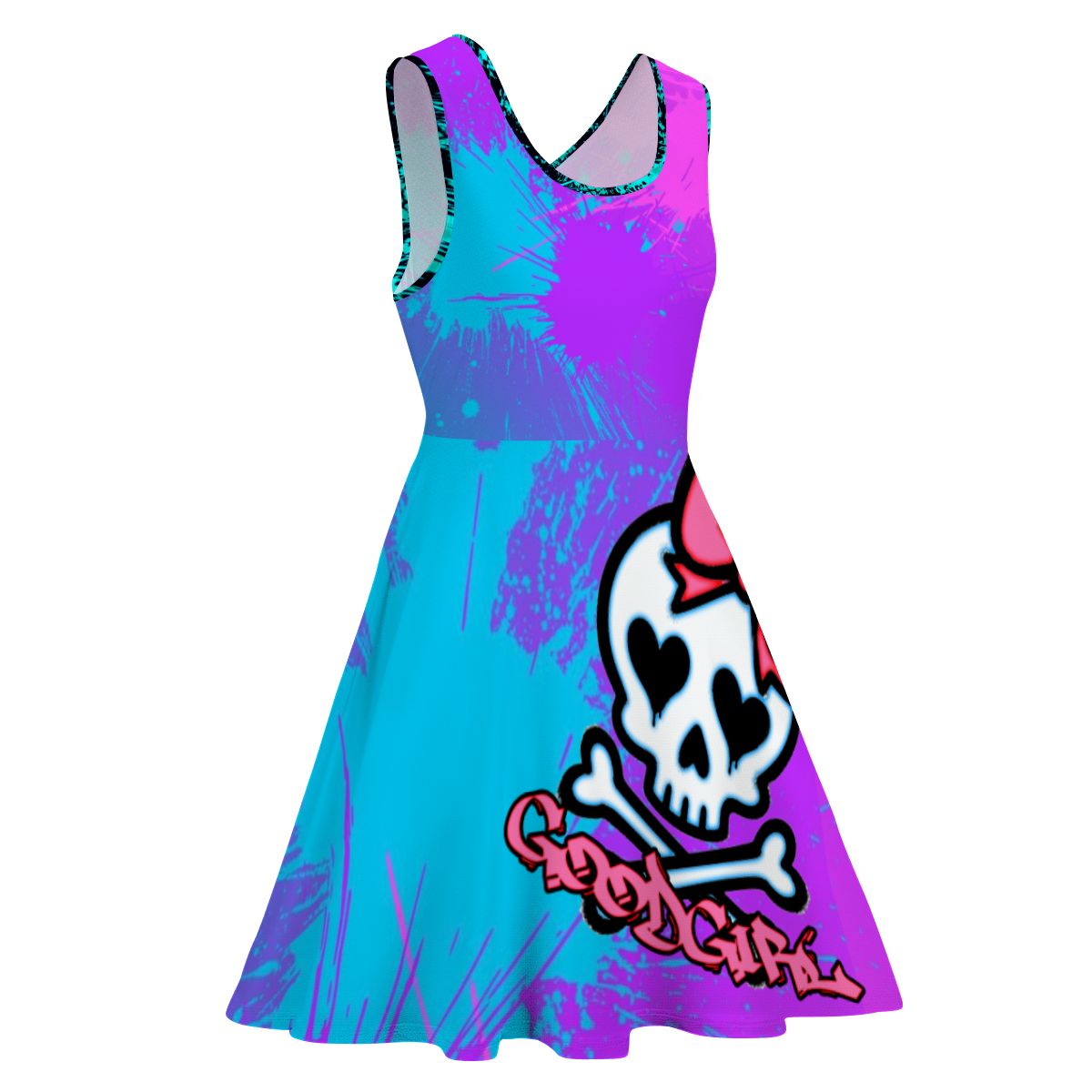 "Good Girl" Pink/Blue Splatter Women's Sleeveless Wide Dress/Hem Skater Skirt Image 3