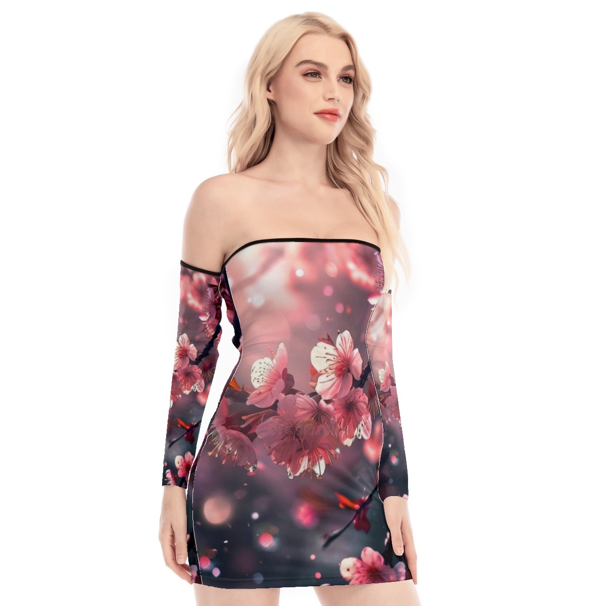 "Cherry Blossom" Women's Off shoulder Back Lace up Dress Image 2