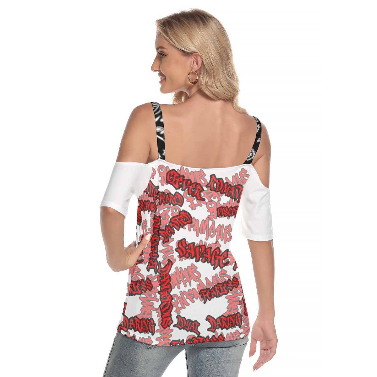 "Bonnie Parker" Women's Cold Shoulder T Shirt With Criss Cross Strips Image 4