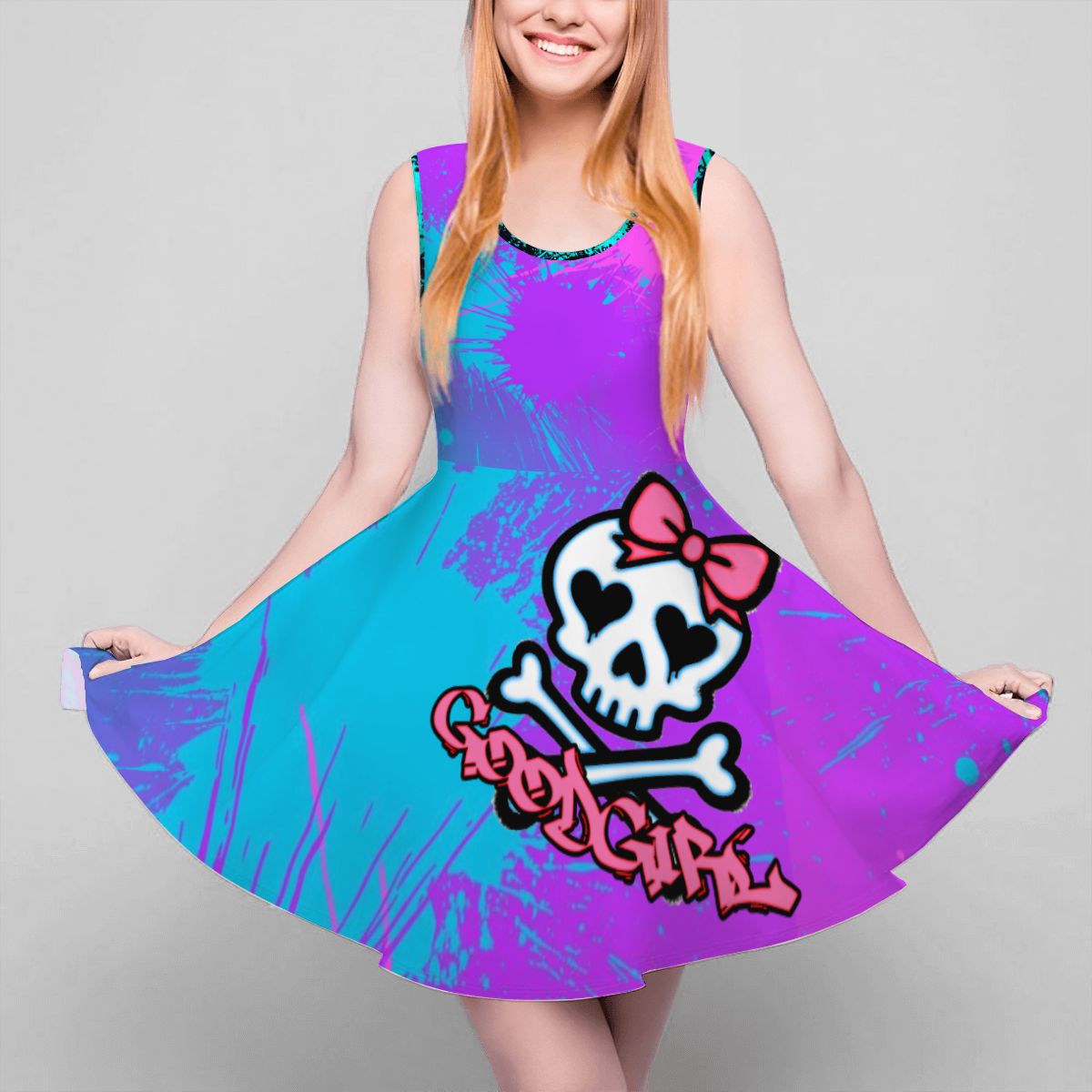 "Good Girl" Pink/Blue Splatter Women's Sleeveless Wide Dress/Hem Skater Skirt Image 5