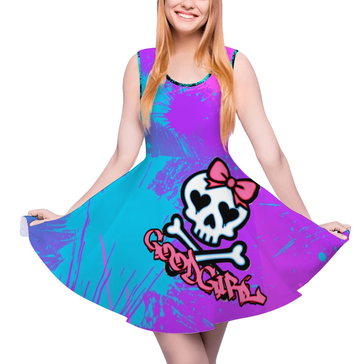 "Good Girl" Pink/Blue Splatter Women's Sleeveless Wide Dress/Hem Skater Skirt