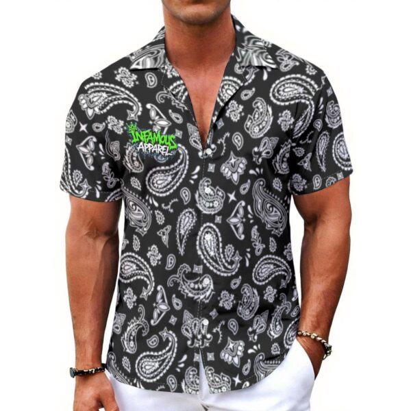 Black Bandana Print Men's Hawaiian Shirt With Button Closure