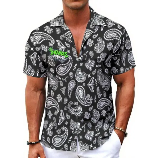 Black Bandana Print Men's Hawaiian Shirt With Button Closure