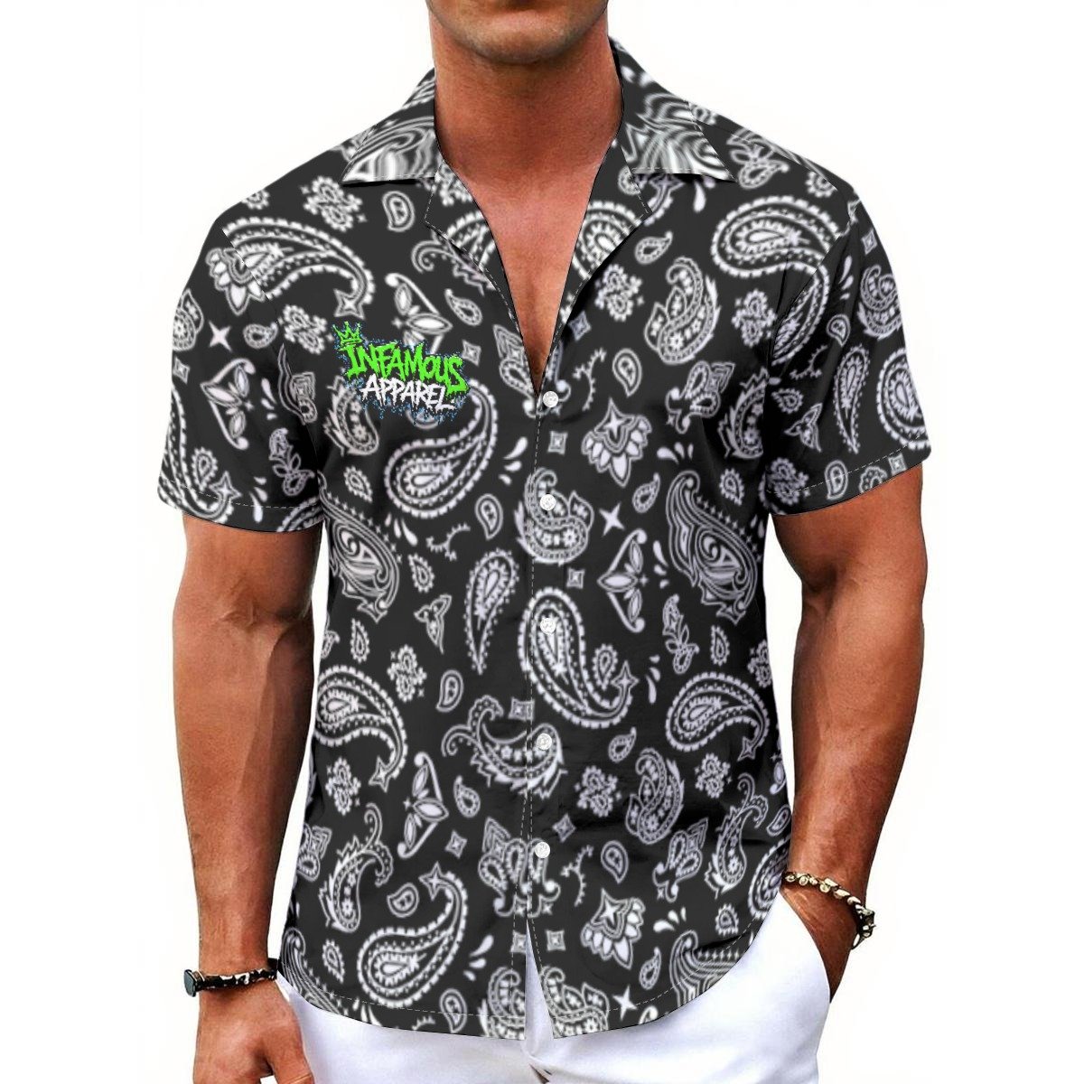 Black Bandana Print Men's Hawaiian Shirt With Button Closure